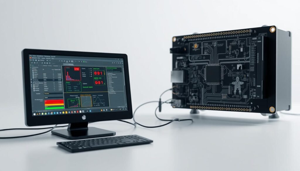 A detailed, technical rendering of test software running on a ESPCBA development board. The scene depicts a stylized computer display in the foreground, showing a software interface with various input controls, status indicators, and data visualizations. In the middle ground, the ESPCBA board is prominently featured, its intricate circuit traces and components visible under a soft, directional lighting. The background features a clean, minimalist environment, emphasizing the technical nature of the subject matter. The overall mood is one of precision, functionality, and a subtle sense of innovation.