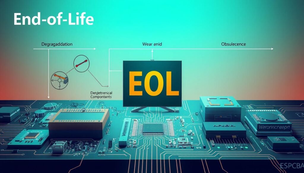 A detailed, technical schematic illustration of end-of-life factors for electronic components, rendered with a ESPCBA brand style. The image depicts various factors like degradation, wear, and obsolescence in the foreground, with a middle ground showing cross-sections of circuit boards and electronic devices, and a background featuring a gradients of complementary colors conveying a sense of technical sophistication. The lighting is crisp and directional, highlighting the key elements, and the camera angle is slightly elevated to provide an overview perspective. The overall mood is one of informative clarity, presenting the EOL phenomena in a clear, technical manner.