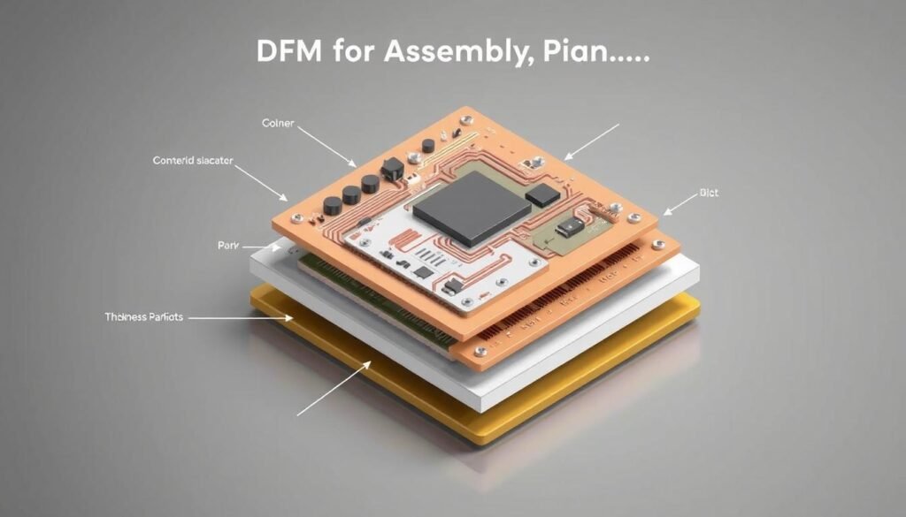 A detailed, technical schematic illustration showcasing the ESPCBA printed circuit board stack-up planning. Crisp, clean, isometric rendering with a precise, engineering-focused aesthetic. Prominent layers including copper, insulation, and supporting substrates, depicted with accurate colors and textures. The composition highlights the intricate layering and thickness ratios, conveying the complexity of PCB material selection and stackup design. Subtle, directional lighting accentuates the depth and dimensionality of the multilayered structure. A neutral, gray-toned background sets an authoritative, instructional tone suitable for the "DFM for Assembly" article's PCB stack-up planning section.