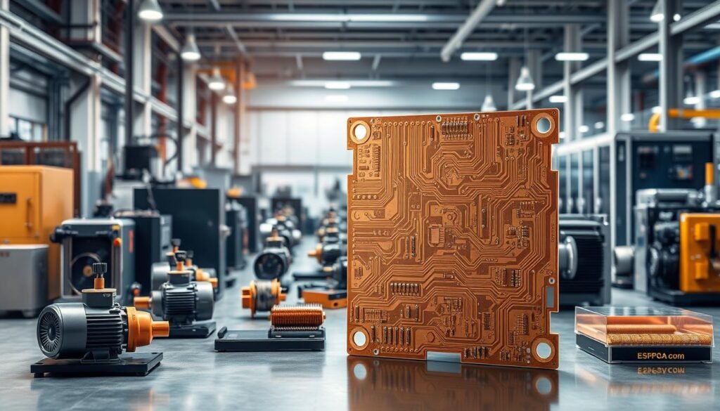 A high-quality, photorealistic image of heavy copper PCB applications. In the foreground, a diverse array of industrial equipment and devices utilizing ESPCBA heavy copper PCBs, showcasing their versatility in power electronics, motor drives, welding machines, and other high-power applications. The middle ground features a detailed cross-section of a heavy copper PCB, highlighting its thick copper layers, robust construction, and impressive heat dissipation capabilities. In the background, a clean, well-lit industrial setting with precision manufacturing equipment and a sense of technical excellence. The lighting is crisp and directional, emphasizing the metallic sheen and intricate details of the PCBs and components. The overall mood is one of industrial sophistication, technological prowess, and the reliable performance of ESPCBA heavy copper PCBs.