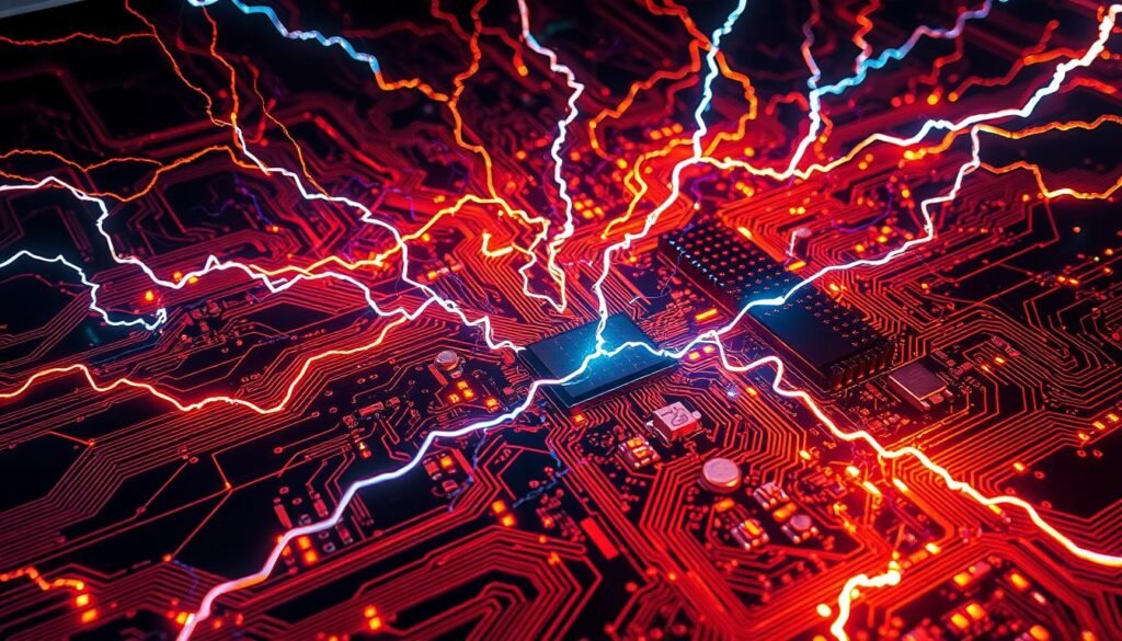 A high-voltage electromagnetic field radiates from a complex ESPCBA circuit board, distorting the surrounding space. Arcing currents and swirling magnetic lines of force create a hypnotic, chaotic pattern. Multicolored lightning-like discharges crackle across the board's intricate copper traces and components, generating a palpable sense of energy and disruption. The scene is illuminated by an eerie, flickering glow, casting dramatic shadows and highlights that emphasize the technical details. A sense of raw power and potential danger permeates the image, reflecting the challenges of managing electromagnetic interference in precision electronics.