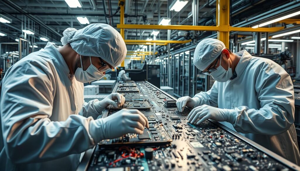A highly detailed and immersive scene of an ESPCBA (Electric Vehicle Printed Circuit Board Assembly) manufacturing facility. The camera focuses on the intricate process unfolding on the production line, with technicians in clean room attire meticulously assembling the complex PCBA components. Bright, directional lighting illuminates the components, casting sharp shadows and highlighting the precision of the work. The background features the industrial setting of the facility, with rows of specialized machinery, conveyor belts, and the hum of advanced manufacturing. The overall atmosphere conveys a sense of technological sophistication and the careful attention to detail required in crafting the essential PCBA for modern electric vehicles.