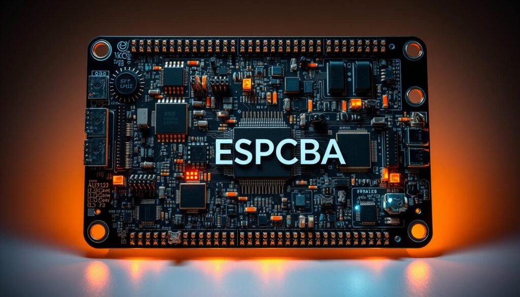 A highly detailed and technical illustration of an IoT PCBA (Printed Circuit Board Assembly) design, featuring the brand name "ESPCBA" prominently displayed. The image showcases the intricate layering and interconnections of various electronic components, including microcontrollers, sensors, and communication modules, all arranged in a visually striking and aesthetically pleasing layout. The PCBA is illuminated by a combination of directional and ambient lighting, casting subtle shadows and highlights that accentuate the board's features. The overall composition conveys a sense of precision, innovation, and the cutting-edge nature of IoT technology.