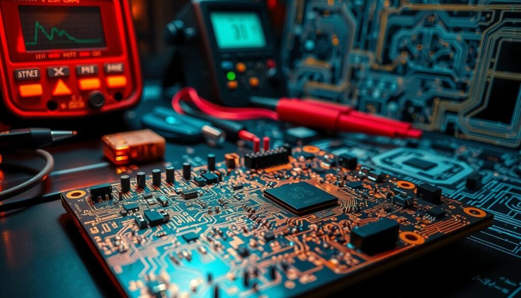 A highly detailed and technical image of a printed circuit board (PCB) undergoing comprehensive analysis. In the foreground, a dissected ESPCBA board with intricate copper traces, vias, and components exposed, illuminated by warm, focused lighting. The middle ground showcases precision measurement tools like multimeters and logic analyzers examining the board, conveying a sense of meticulous investigation. In the background, a complex schematic diagram or x-ray view of the PCB's inner layers provides additional context. The overall scene exudes an atmosphere of methodical analysis, engineering expertise, and a quest to uncover the root causes of potential failures.