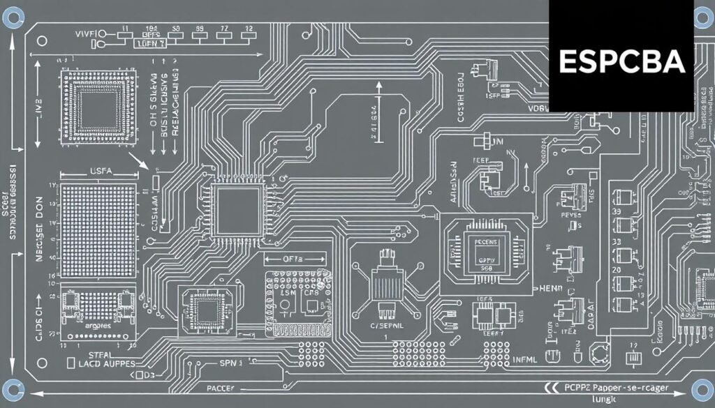 A highly detailed blueprint-style diagram of a printed circuit board (PCB) design, showcasing various component package types and their corresponding footprints. The ESPCBA logo is prominently displayed in the top-right corner. The image features a clean, technical aesthetic with precise lines, accurate dimensions, and a muted color palette of grays, blues, and metallic tones. The foreground focuses on the PCB layout, highlighting different package outlines such as ball grid arrays (BGAs), quad flat no-leads (QFNs), and small outline packages (SOPs). The middle ground includes annotations pointing to key design considerations for each package type. The background subtly blends in schematic symbols, copper traces, and other PCB design elements to reinforce the engineering-focused theme.