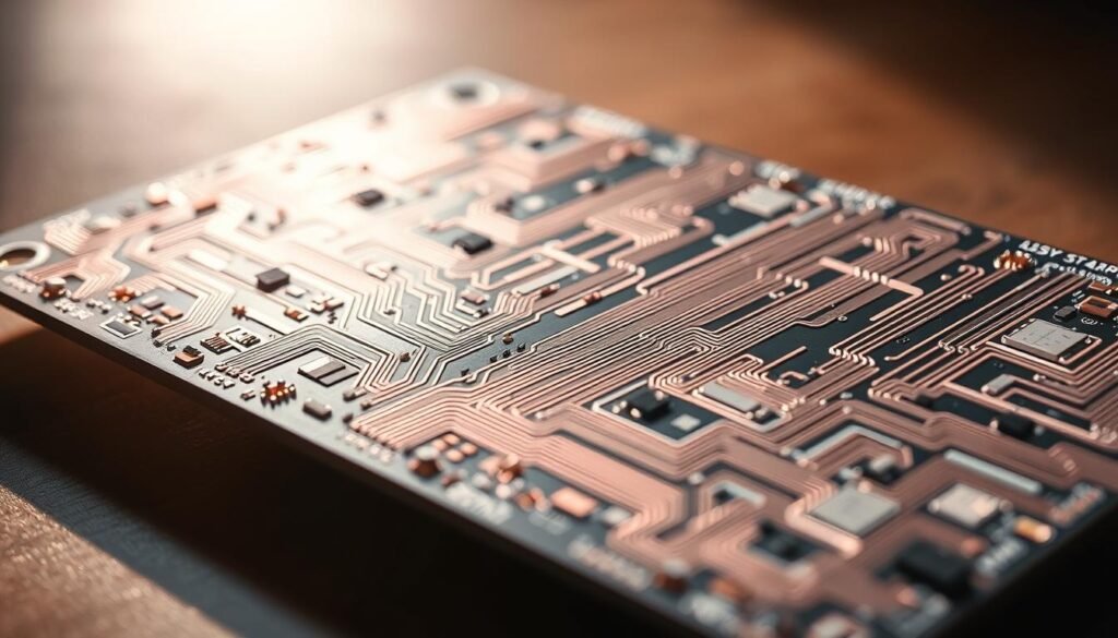 A highly detailed close-up photograph of two parallel ESPCBA aluminum printed circuit boards, showcasing their thermal performance. The boards are positioned at a slight angle, casting natural shadows and highlights that accentuate the intricate copper traces and thermal management features. The foreground is sharply in focus, while the background is softly blurred, creating a sense of depth and drawing the viewer's attention to the boards. The lighting is balanced, with a warm color temperature that enhances the metallic sheen of the aluminum substrate. The overall mood is one of technical precision and engineering excellence, highlighting the advantages of using aluminum PCBs for thermal management in LED lighting applications.