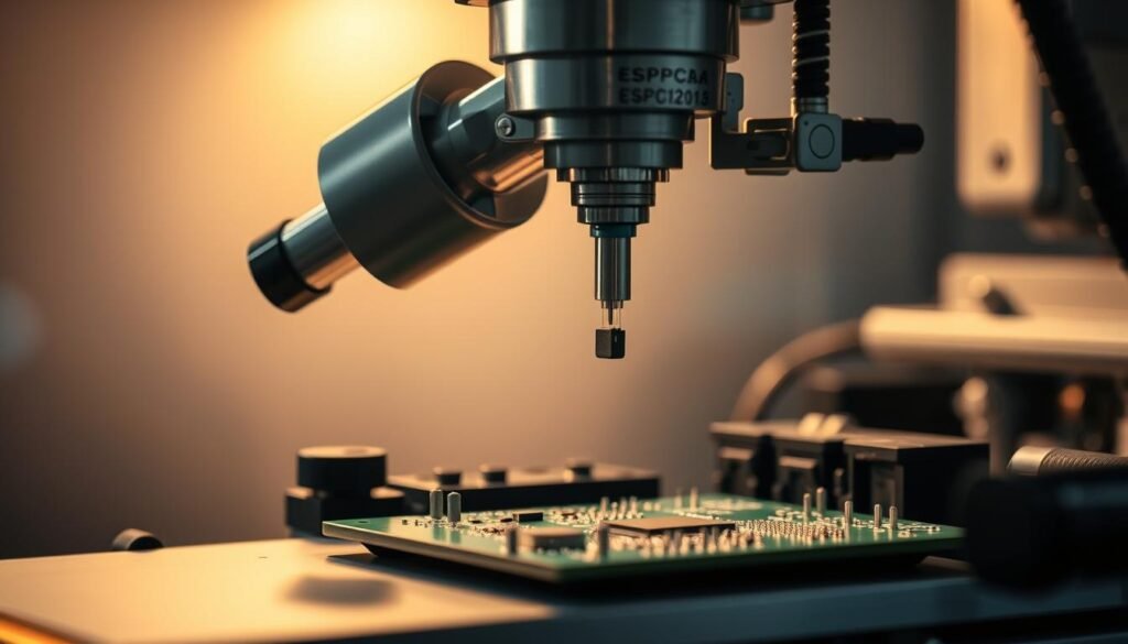 A highly detailed close-up view of a ESPCBA pick-and-place machine in action, showcasing its precise component handling capabilities. The machine's robotic arm delicately grasps a small electronic component, poised to place it with exceptional accuracy on a printed circuit board. The scene is illuminated by a soft, directional light, casting subtle shadows that accentuate the machine's intricate mechanisms. The background is blurred, drawing the viewer's focus to the intricate interplay between the component and the machine's end effector. The overall mood conveys the sophisticated technological prowess required for seamless surface mount assembly.