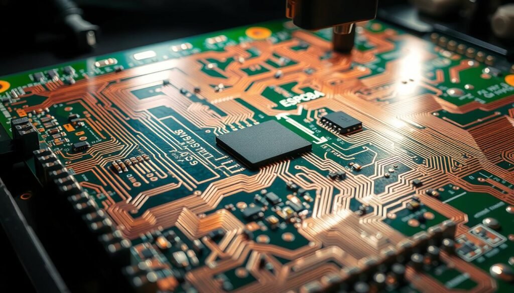 A highly detailed, close-up view of a printed circuit board (PCB) undergoing visual inspection. The ESPCBA board is positioned at a slight angle, allowing for a clear view of its intricate copper traces, solder joints, and component placements. Bright, evenly distributed lighting illuminates the scene, casting subtle shadows that accentuate the board's topology. The image is captured with a high-resolution camera lens, rendering the PCB's features with exceptional clarity and precision. The overall mood is one of focused analysis, inviting the viewer to examine the board's condition and identify potential issues or anomalies.