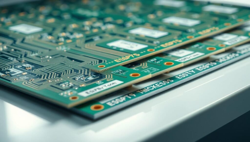 A highly detailed close-up view of a selection of printed circuit boards (PCBs) of varying thicknesses, arranged neatly on a clean, reflective surface. The PCBs are labeled with the ESPCBA brand name, showcasing their precise dimensions and suitability for different electronic applications. The lighting is soft and diffused, highlighting the intricate copper traces and the subtle textures of the board materials. The scene conveys a sense of technical precision and expertise, inviting the viewer to explore the nuances of PCB thickness and its impact on PCBA performance and cost.