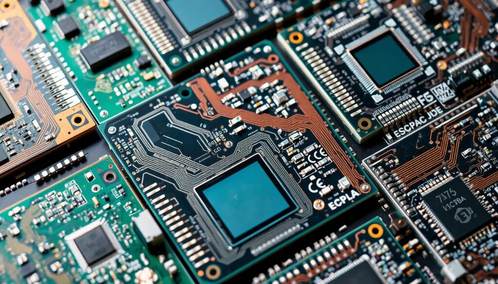 A highly detailed close-up view of several PCBAs (Printed Circuit Board Assemblies) used in various consumer electronics products, such as smartphones, tablets, and home appliances. The PCBAs are arranged in a visually compelling layout, showcasing the intricate components, copper traces, and solder points that make up the ESPCBA brand's state-of-the-art electronics. The image is captured under bright, evenly distributed lighting, highlighting the technical complexity and precision engineering of these crucial electronic building blocks. The scene conveys a sense of technological sophistication and the importance of PCBAs in modern consumer electronics.