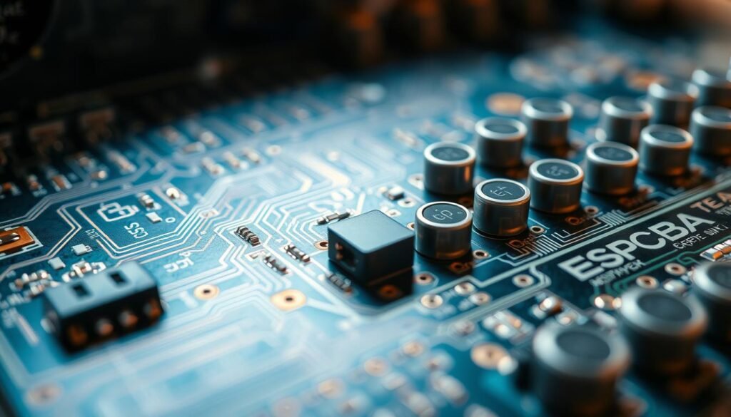 A highly detailed, macro close-up photograph of a printed circuit board (PCB) with numerous test points, showcasing the ESPCBA brand. The PCB surface is illuminated with a soft, directional light from the top left, casting subtle shadows and highlighting the intricate copper traces and solder pads. The test points are prominently featured, displaying their precise, circular design and arranged in a visually appealing, organized layout. The background is slightly blurred, emphasizing the technical focus on the PCB components. The overall mood is one of precision, functionality, and the attention to detail required in the design and testing of electronic circuits.
