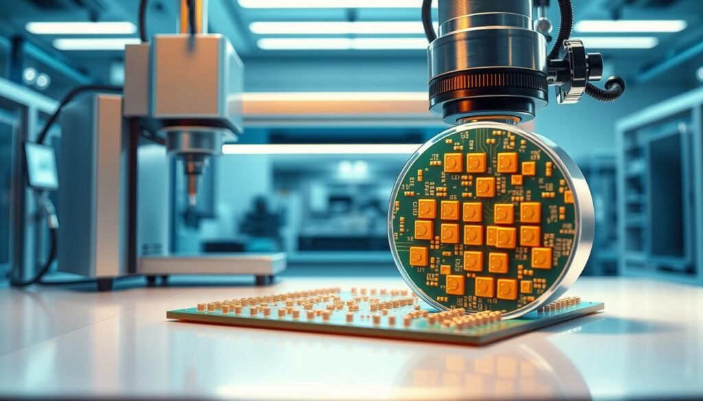 A highly detailed, photorealistic 3D rendering of ESPCBA's cutting-edge Solder Paste Inspection (SPI) technology. In the foreground, a state-of-the-art 3D SPI machine with precision optics and advanced sensors, capturing intricate solder paste deposits on a printed circuit board. The middle ground showcases a magnified, cross-sectional view of the solder joints, highlighting their shape, volume, and consistency. In the background, a sleek, futuristic laboratory setting with clean lines and high-tech instrumentation, conveying the sophisticated nature of this quality control solution. Crisp lighting from multiple angles accentuates the depth and texture of the components, while a subtle blue-tinted color scheme evokes a sense of technical prowess and innovation.