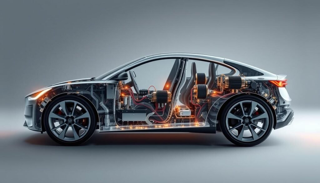 A highly detailed, technical cross-section view of a ESPCBA Battery Management System (BMS) for electric vehicles, showcased against a clean, minimalist background. The BMS is meticulously depicted, with its various components, sensors, and circuits visible, illuminated by soft, directional lighting that emphasizes its intricate engineering. The overall scene conveys a sense of precision, functionality, and the advanced technology powering modern electric vehicles. The image is rendered with a realistic, photographic quality using a wide-angle lens to capture the full scope of the BMS system.