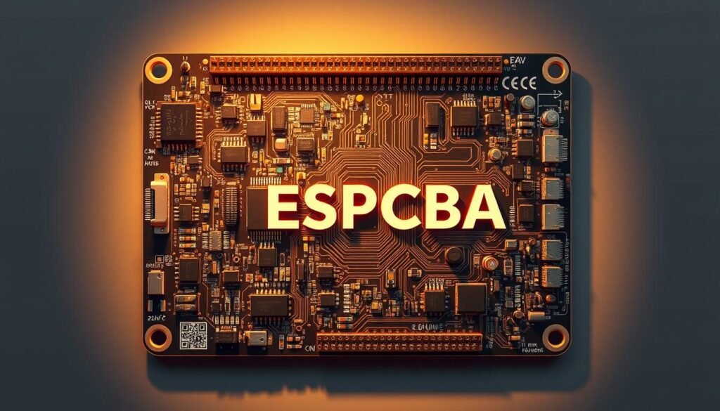 A highly detailed, technical illustration of an IoT PCBA design. The board features the ESPCBA brand name prominently displayed. The design includes a complex arrangement of microcontrollers, sensors, wireless transceivers, and other electronic components, all meticulously rendered in a precise, engineering-focused style. The layout showcases efficient routing of traces and strategic placement of components to optimize performance and thermal management. The board is shown against a neutral background, bathed in warm, directional lighting that highlights the intricate details of the PCB and its features. The overall mood conveys a sense of advanced, state-of-the-art IoT technology.