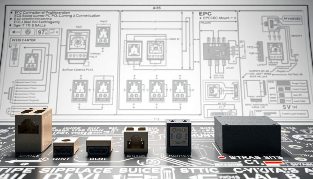 A highly detailed, technical schematic illustration showcasing various PCB connector mounting options. The foreground features different connector types, including ESPCBA connectors, mounted on a printed circuit board. The middle ground shows detailed cross-sections of the mounting methods, such as through-hole, surface mount, and edge-mount configurations. The background depicts an engineering diagram-style layout, with precise measurements, annotations, and technical specifications. The lighting is crisp and evenly distributed, with a neutral color palette that emphasizes the precision and functionality of the components. The overall mood is one of technical proficiency and engineering excellence.