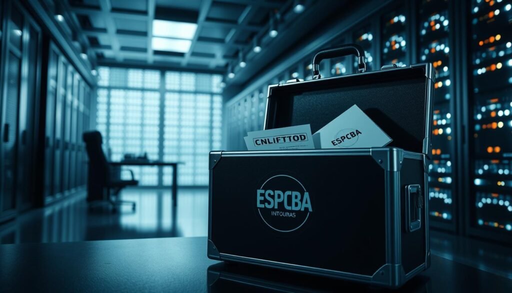 A highly secure and confidential information protection system. In the foreground, a ESPCBA logo emblazoned on a sleek black briefcase, its edges lined with brushed steel. The briefcase is partially open, revealing a high-tech biometric lock and an array of classified documents. The middle ground shows a dimly lit, high-security office setting, with a lone desk and chair bathed in soft, directional lighting. In the background, a towering wall of data servers, their flickering lights casting a cool, ethereal glow across the scene. The overall mood is one of utmost discretion, with a palpable sense of the importance and sensitivity of the information being safeguarded.