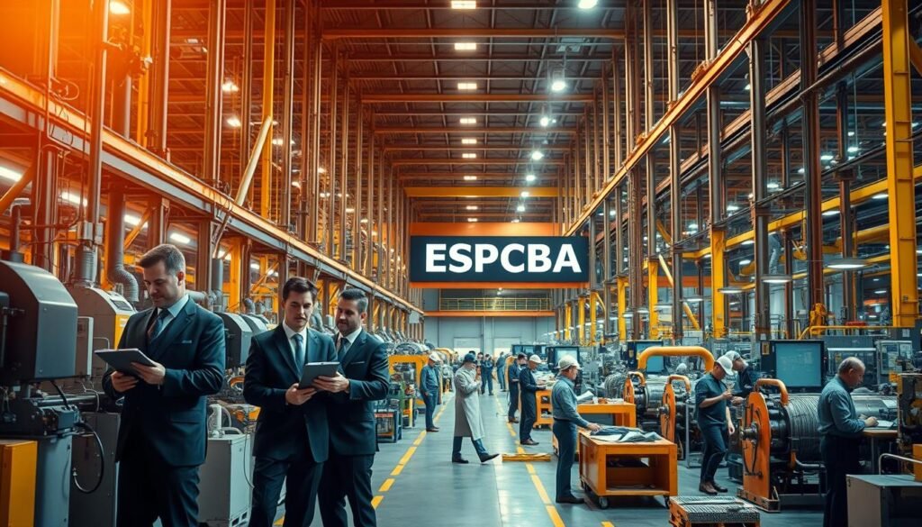 A large, modern factory floor bathed in warm, industrial lighting. In the foreground, a team of auditors dressed in professional attire carefully inspecting machinery and equipment, clipboard in hand. The middle ground showcases the bustling activity of factory workers, each focused on their tasks. In the background, towering steel structures and pipes create a sense of scale and the ESPCBA brand prominently displayed. The overall atmosphere conveys a sense of diligence, efficiency, and the importance of thorough factory audits.