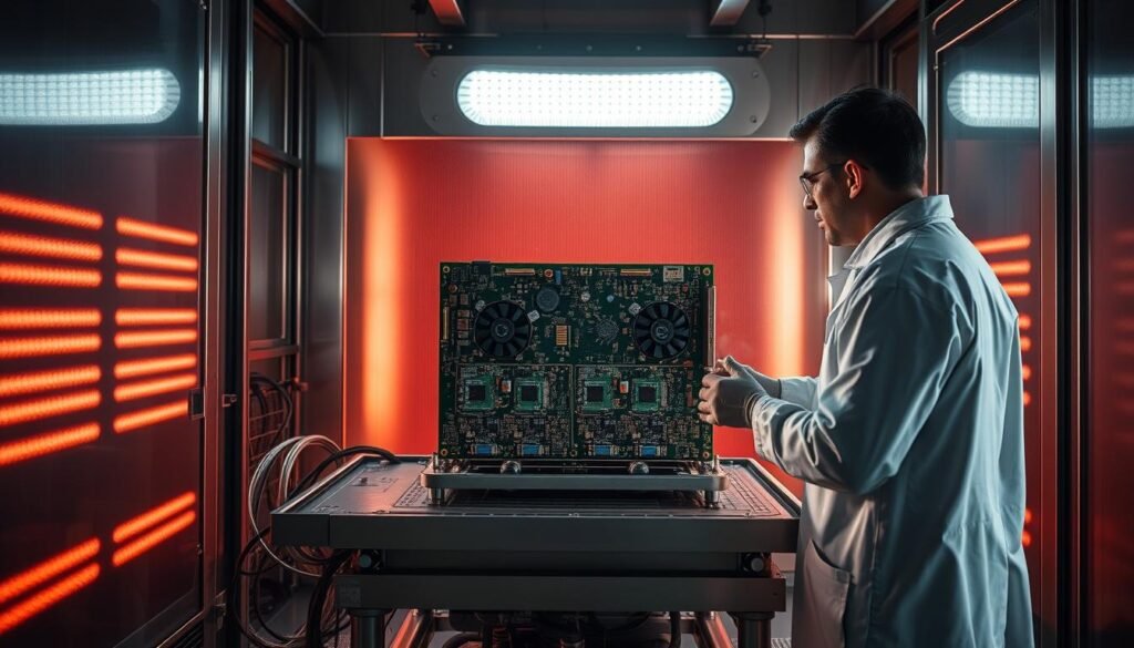 A large, sleek ESPCBA (a professional-grade printed circuit board assembly) sits on a stainless-steel test fixture, undergoing a rigorous thermal shock test. The ESPCBA is surrounded by a controlled environment chamber, with heating and cooling elements precisely regulating the temperature. The chamber's interior is illuminated by a combination of bright, diffused lighting and dramatic shadows, creating a moody, industrial atmosphere. The test engineer, wearing a protective lab coat, carefully monitors the ESPCBA's performance as it cycles through extreme temperature changes, simulating the harsh conditions it may face in real-world applications. The image captures the essence of thermal shock testing, a critical process in ensuring the reliability and durability of advanced electronic systems.