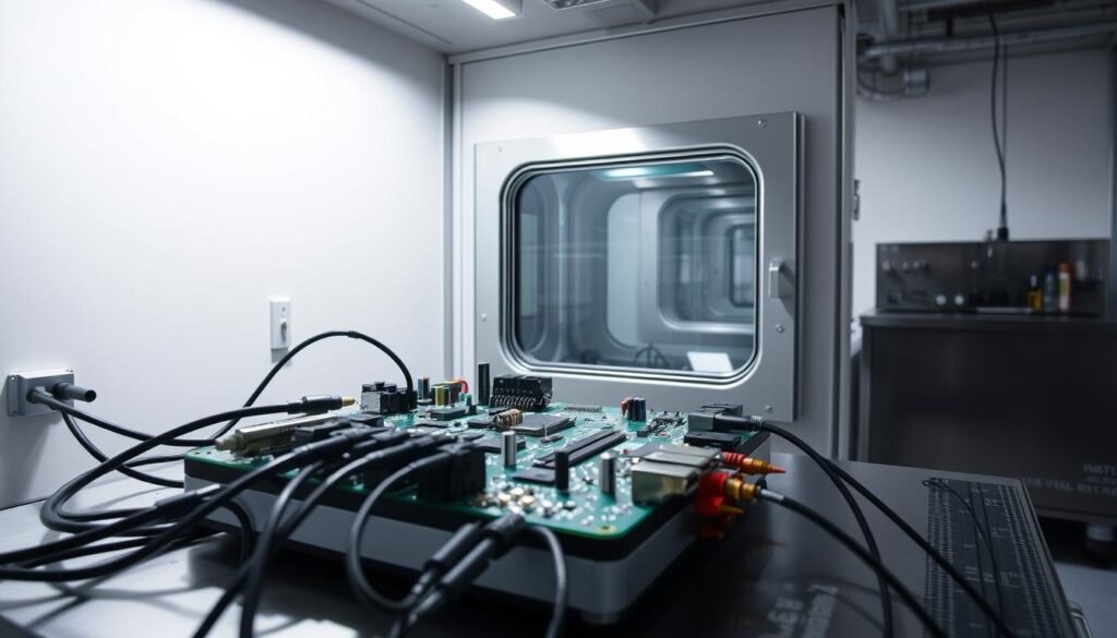 A meticulously arranged ESPCBA (Electrical Shock and Pressure Chamber for Boards and Assemblies) undergoing a precise temperature cycling test. The board is situated in a state-of-the-art climate chamber, with a glass viewport allowing observation. Bright, directional lighting illuminates the scene, casting sharp shadows that emphasize the technical nature of the setup. In the foreground, various probes and sensors are connected to the ESPCBA, monitoring its response to the rapid temperature changes. The background features a clean, minimalist laboratory environment, with white walls and stainless steel equipment, conveying a sense of scientific rigor. The overall mood is one of controlled experimentation, where form follows function in the pursuit of reliable thermal testing.