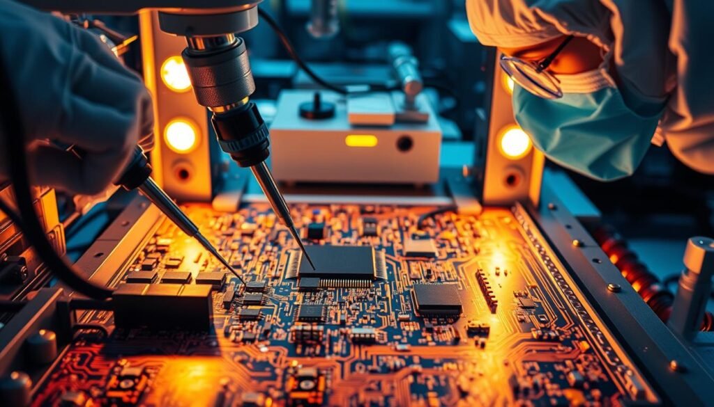 A meticulously detailed printed circuit board undergoing rigorous ESPCBA testing, bathed in the warm glow of specialized lighting. Precision test probes delicately navigate the intricate copper traces, analyzing every component with scientific scrutiny. Technicians in clean room attire carefully monitor the diagnostics, ensuring the board's functionality and reliability. The scene exudes a sense of focus and dedication to quality assurance, capturing the complexity behind seemingly simple PCBA manufacturing.