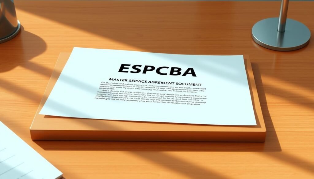 A modern and minimalist illustration of a master service agreement document, centered on a sleek wooden desktop. The document has a bold "ESPCBA" logo prominently displayed, conveying a sense of professionalism and authority. The lighting is soft and natural, casting subtle shadows that add depth and dimension. The camera angle is slightly elevated, giving the viewer a slightly elevated perspective, as if they were an executive reviewing the contract. The overall mood is one of thoughtfulness and consideration, reflecting the gravity of the subject matter.