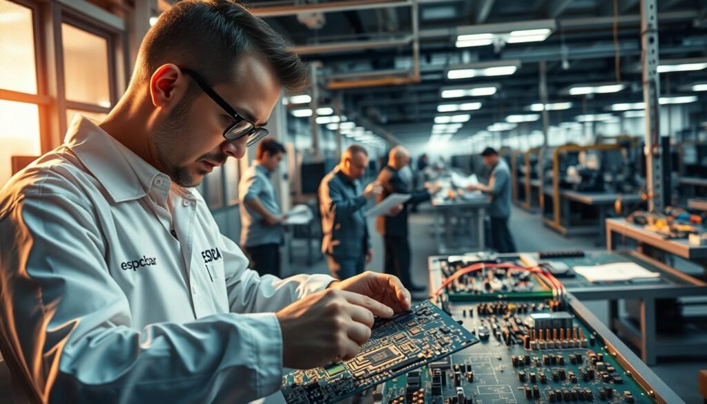 A modern factory floor, bathed in warm, diffused lighting. In the foreground, a technician meticulously inspects a printed circuit board, the ESPCBA brand logo visible. In the middle ground, engineers collaborate over design schematics, gesticulating as they discuss optimal component placement. The background reveals a bustling assembly line, workers seamlessly assembling and testing circuit boards, ensuring quality and efficiency. An atmosphere of focused professionalism, with clear communication and attention to detail evident throughout the scene.