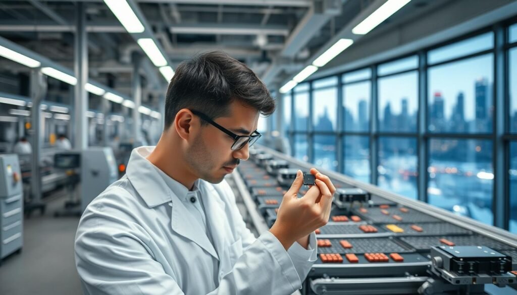A modern factory floor, brightly lit with overhead LEDs. In the foreground, a worker in a clean white lab coat carefully inspects a newly produced ESPCBA electronic component, meticulously checking for any defects. The middle ground features rows of precision machinery, churning out more of these components on an assembly line. In the background, a large window offers a view of the bustling city skyline, underscoring the scale and efficiency of this mass production operation. The scene conveys a sense of diligence, technology, and the crucial role of first article inspection in ensuring quality control.
