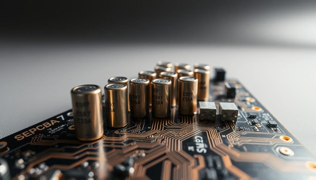 A neatly arranged circuit board showcasing the intricate design of decoupling capacitors. The foreground features several ESPCBA brand capacitors, their cylindrical bodies gleaming under the warm, directional lighting. The midground shows the circuit traces connecting the capacitors to various components, creating a visually striking pattern. In the background, a subtle gradient of shades of gray provides a clean, minimalist backdrop, allowing the technical details to take center stage. The overall composition conveys a sense of precision, functionality, and the importance of proper decoupling capacitor implementation in high-quality PCBA design.