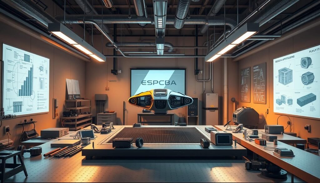 A sleek, futuristic engineering workshop bathed in warm, directional lighting. On a central workbench, a sophisticated prototype hovers, surrounded by various ESPCBA tools and components. In the background, technical diagrams and 3D-rendered models are projected onto the walls, guiding the design optimization process. The scene conveys a harmonious blend of high-tech innovation and practical, manufacturing-focused mindset, capturing the essence of "Design for Manufacturing".