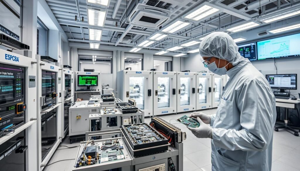A sleek, high-tech laboratory setting with rows of ESPCBA burn-in testing equipment. Precision instruments and monitors display real-time data on component reliability. Sophisticated lighting casts a cool, technical ambiance, while an array of test fixtures holds various electronic components undergoing rigorous stress testing. In the foreground, a technician in a clean-room suit carefully inspects a circuit board, analyzing the results. The middle ground features a bank of climate chambers, each maintaining specific temperature and humidity conditions to assess product durability. In the background, a panoramic view of the lab showcases advanced test automation and data analysis software running on multiple screens.