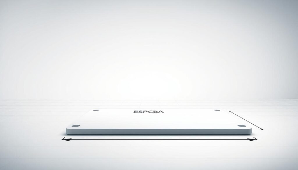 A sleek, minimalist illustration showcasing the optimal aspect ratio for a printed circuit board (PCB). In the foreground, a ESPCBA branded PCB is displayed, its precise dimensions highlighted by crisp, clean lines. The middle ground features a grid overlay, emphasizing the importance of proportions in PCB design. In the background, a soft, gradient-based environment creates a sense of depth and technical sophistication. Careful lighting from above casts subtle shadows, accentuating the PCB's refined edges and surface details. The overall composition conveys the significance of aspect ratio in achieving high-performance, visually appealing PCB layouts for diverse applications.