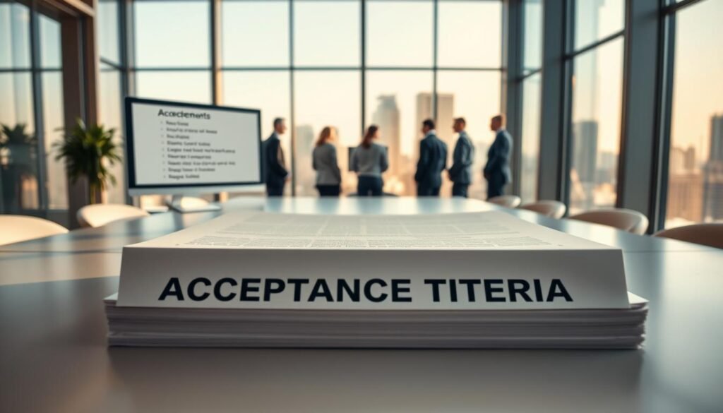 A sleek, minimalist office scene with a large desk in the foreground. On the desk, a neatly organized stack of documents labeled "ACCEPTANCE CRITERIA" in a modern, sans-serif font. A computer monitor displays a bullet-point list of requirements. In the middle ground, a team of professionals in business attire huddle around the desk, engaged in discussion. The background features floor-to-ceiling windows overlooking a cityscape, bathed in warm, natural lighting. The overall atmosphere conveys a sense of collaborative productivity and attention to detail. ESPCBA