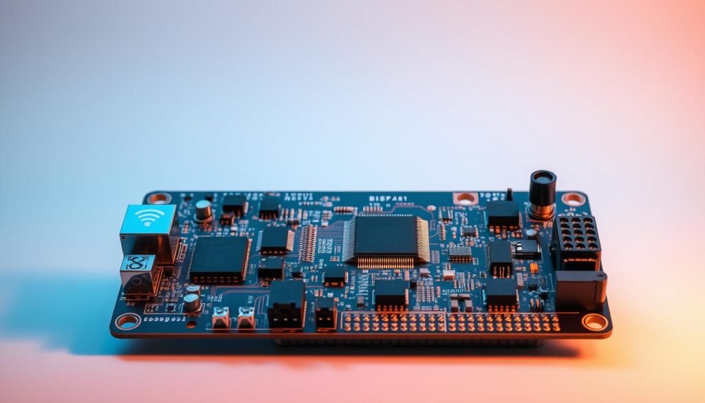 A sleek, modern ESPCBA board with wireless connectivity components, showcasing IoT sensor and gateway design. The circuit board is displayed in a clean, well-lit studio setting, with a soft, diffused lighting highlighting the intricate layout and copper traces. The board features various wireless modules, including WiFi, Bluetooth, and cellular, as well as sensor interfaces and power management circuitry. The background is a gradient of complementary hues, creating a professional, technical atmosphere. The composition emphasizes the board's connectivity capabilities, reflecting the "Wireless Connectivity Options for IoT PCBAs" section of the article.