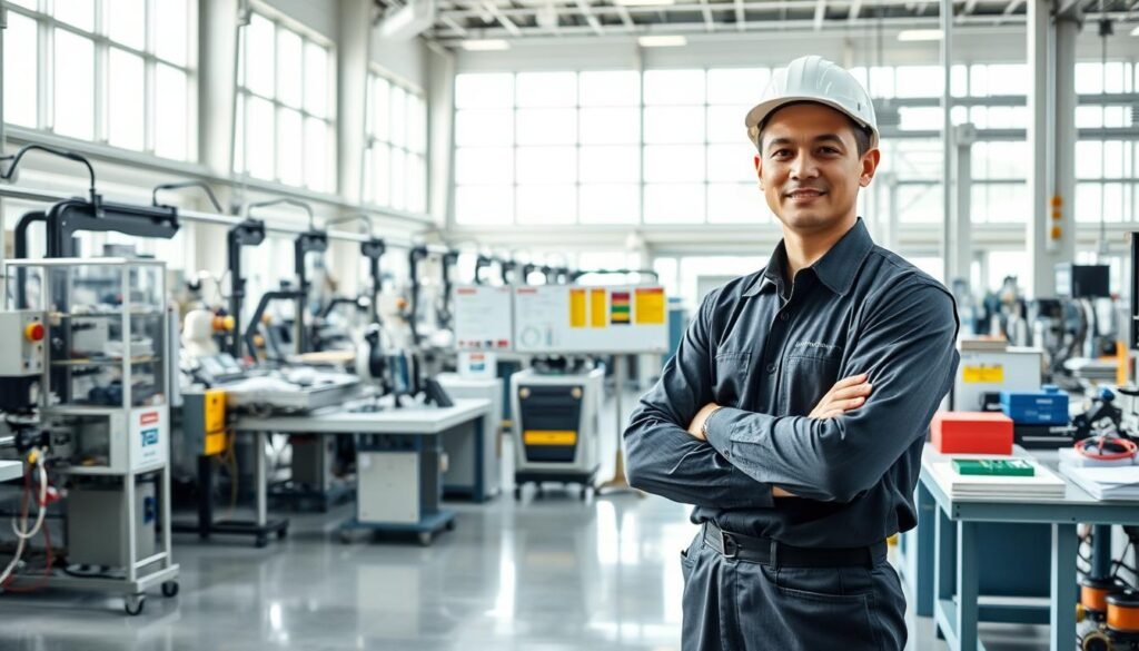 A sleek, modern factory floor with an array of ESPCBA machinery and workstations. In the foreground, a worker in a crisp uniform demonstrates the principles of lean production, highlighting the efficient flow of materials and minimizing waste. In the middle ground, colorful kanbans and visual management boards showcase the high-mix, low-volume nature of the operations. The background features large windows letting in natural light, creating a bright and airy atmosphere. The overall scene conveys a sense of precision, organization, and a commitment to continuous improvement in HMLV manufacturing.