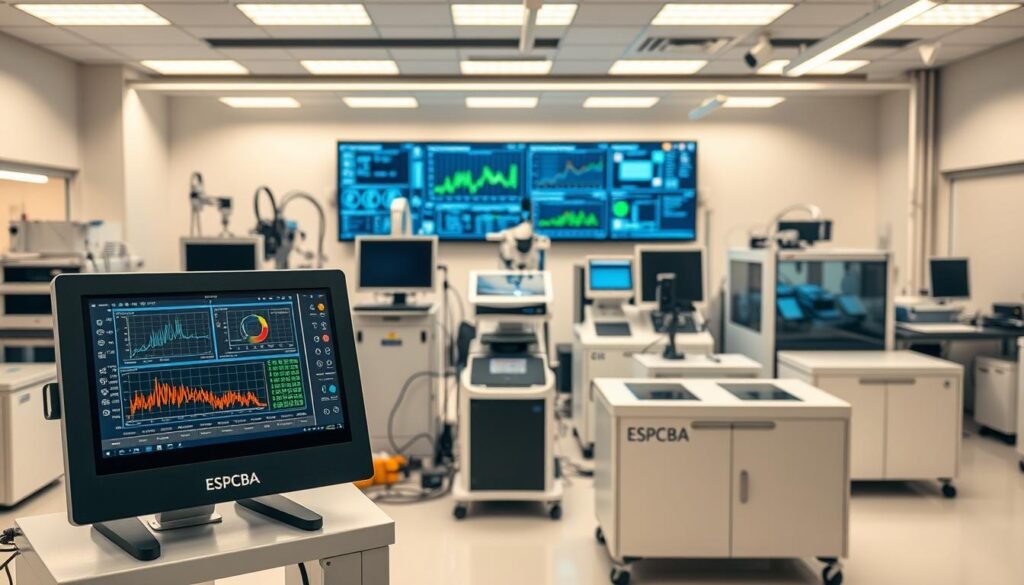 A sleek, modern laboratory setting with an array of advanced statistical process control (SPC) tools and technologies for printed circuit board assembly (PCBA) production. In the foreground, an ESPCBA-branded digital control panel displays real-time process data and analytics. In the middle ground, precision measurement instruments, quality assurance testing equipment, and automated inspection systems are neatly arranged. The background features a clean, well-lit workspace with large display screens showcasing SPC dashboards and performance metrics. Warm, neutral lighting casts a professional, technical atmosphere, conveying the sophisticated capabilities of these advanced SPC tools for ensuring consistent PCBA manufacturing quality.
