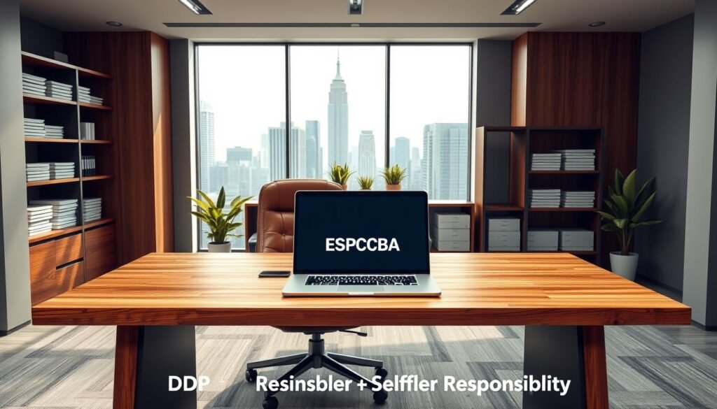 A sleek, modern office interior with large windows overlooking a bustling city skyline. In the foreground, a sturdy wooden desk with clean lines and a minimalist design. On the desk, a laptop displaying the ESPCBA logo, symbolizing the shipping and logistics company. Behind the desk, an ergonomic leather chair, its rich brown hue complementing the warm-toned wooden accents. In the middle ground, shelves filled with orderly stacks of documents and a few potted plants, adding a touch of nature. The background features high ceilings and a neutral color palette, creating a sense of sophistication and professionalism. Soft, directional lighting illuminates the scene, casting subtle shadows and highlighting the detailed textures. The overall atmosphere conveys the idea of a well-organized, efficient, and customer-focused shipping solution, perfectly encapsulating the "DDP (Delivered Duty Paid): Maximum Seller Responsibility" concept.