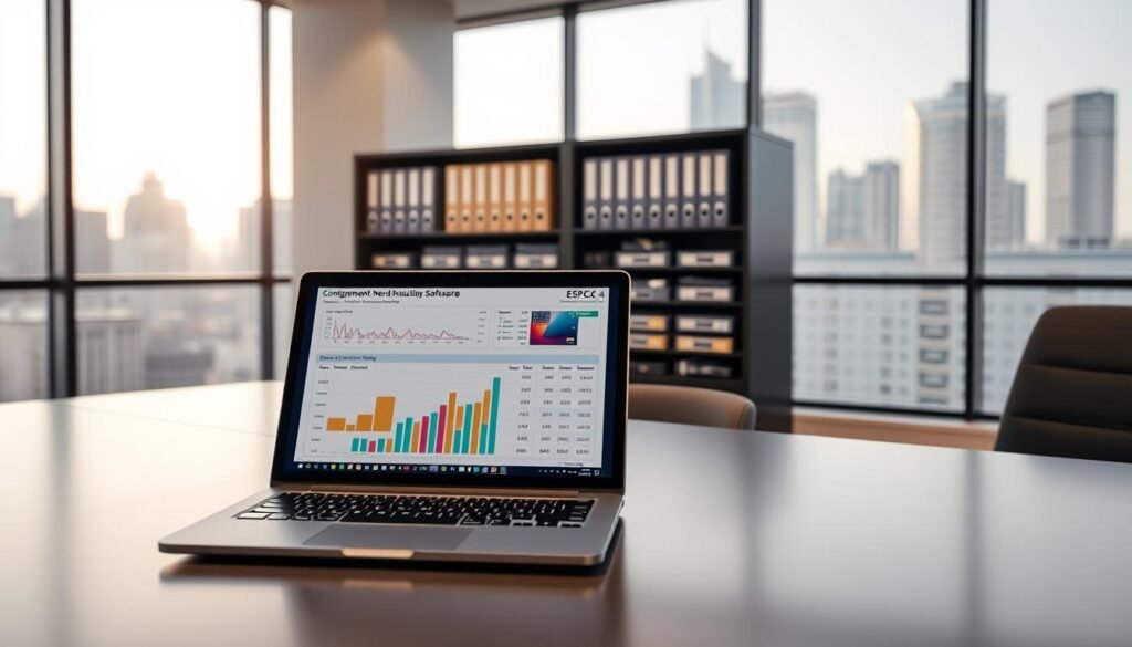 A sleek, modern office setting with a neatly organized desk showcasing the ESPCBA accounting software interface. The foreground features a laptop displaying a detailed consignment inventory report, with colorful graphs and charts conveying the financial data. In the middle ground, a well-lit filing cabinet and shelves hold meticulously labeled folders and documents. The background depicts large windows overlooking a bustling cityscape, creating a professional and productive atmosphere. The lighting is soft and warm, enhancing the sense of organization and control over the consignment inventory management process.