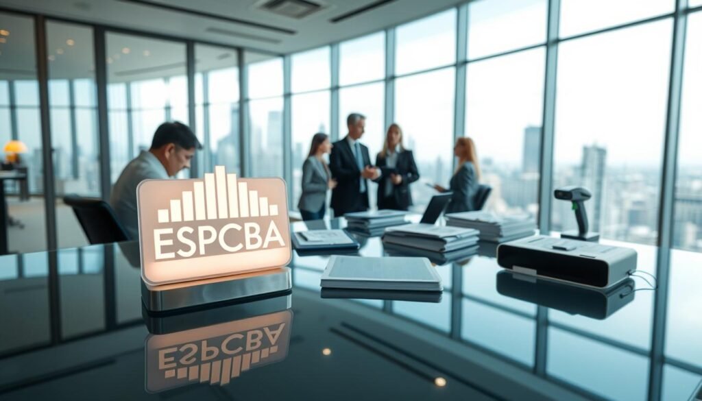 A sleek, modern office setting with floor-to-ceiling windows overlooking a bustling city skyline. In the foreground, a stylized ESPCBA logo shines on a glass-topped table, surrounded by neatly organized inventory ledgers, digital tablets, and a state-of-the-art barcode scanner. The middle ground features a team of professionals in business attire, engaged in lively discussions, highlighting the collaborative nature of the consignment process. The background showcases a well-lit, minimalist workspace with clean lines and a serene, productivity-enhancing atmosphere. Subtle lighting casts a warm glow, underscoring the benefits of efficient consignment inventory management.