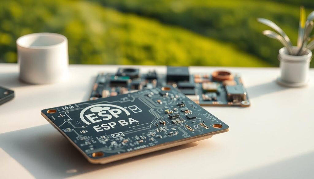 A sleek, modern printed circuit board composed of eco-friendly materials sits atop a clean, minimalist workspace. The board features the ESPCBA logo, showcasing its sustainable credentials. The foreground is illuminated by soft, natural lighting, highlighting the organic textures and muted colors of the materials. In the middle ground, various recycled and repurposed components are arranged in a visually appealing, symmetrical layout. The background features a blurred, verdant landscape, symbolizing the environmentally conscious approach to PCB manufacturing.