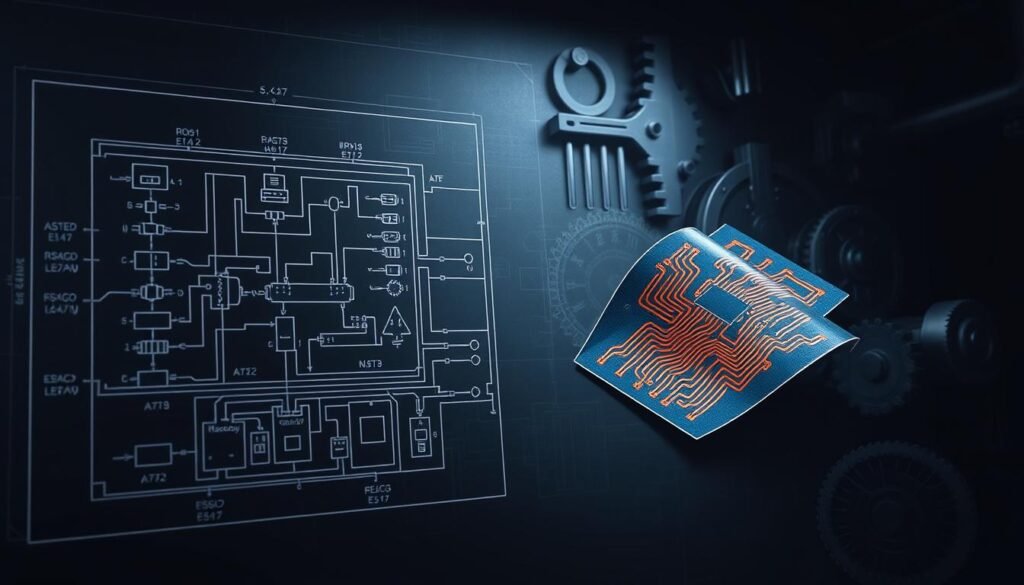 A sleek, technical blueprint-style illustration showcasing the electrical design considerations for a flexible ESPCBA heater circuit. The foreground features a detailed schematic diagram with labeled components like resistors, capacitors, and conductive traces. The middle ground depicts a 3D render of the circuit board, highlighting the flexible form factor and intricate copper pathways. The background sets a moody, industrial atmosphere with gears, cogs, and metallic textures, emphasizing the engineering precision required. Dramatic side lighting casts shadows, enhancing the technical aesthetic. The overall scene conveys the complexity and careful planning involved in designing robust, flexible heating solutions.