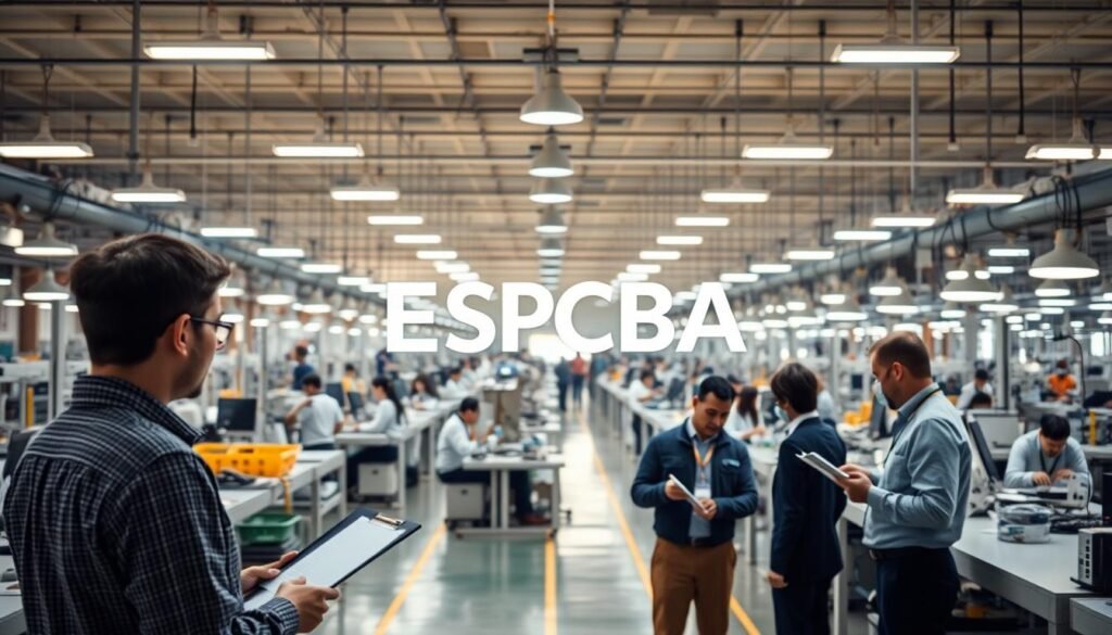 A spacious factory floor bathed in warm, diffused lighting. In the foreground, a team of auditors scrutinize production processes, clipboards in hand. The middle ground reveals organized workstations and bustling workers, symbolizing the transparency of operations. In the background, the ESPCBA logo is prominently displayed, signifying the brand's commitment to rigorous quality standards. The scene conveys a sense of diligence and collaborative oversight, hinting at the challenges and insights that emerge during a comprehensive factory audit.