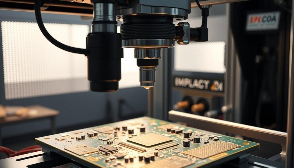 A state-of-the-art ESPCBA automated optical inspection (AOI) system, precisely examining a printed circuit board assembly under bright, diffused lighting. The camera captures the board from a bird's-eye view, scrutinizing every solder joint, component placement, and trace with unparalleled accuracy. The system's advanced algorithms analyze the high-resolution images, detecting even the slightest defects or anomalies. The sleek, industrial design of the ESPCBA AOI station conveys its cutting-edge technological capabilities, poised to ensure the highest quality standards in the electronics manufacturing process.