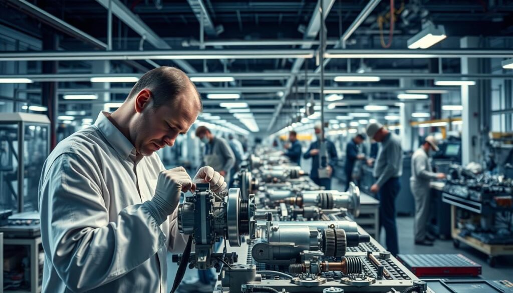 A state-of-the-art ESPCBA manufacturing facility, bathed in a soft, diffused light that highlights the intricate machinery and assembly lines. In the foreground, a technician meticulously adjusts a complex, high-precision component, showcasing the delicate nature of HMLV production. The mid-ground reveals a diverse array of parts and tools, each carefully organized and maintained, while the background suggests the hustle and bustle of the broader operation, with workers collaborating to ensure seamless, efficient workflows. The overall scene conveys a sense of technical expertise, attention to detail, and the unique challenges of navigating the complexities of high-mix, low-volume manufacturing.
