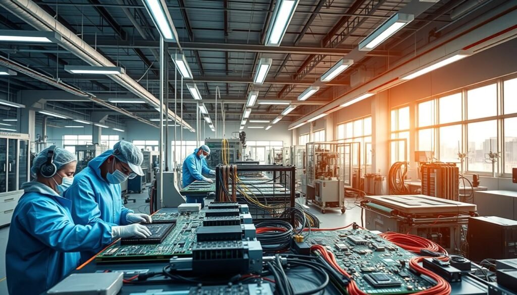 A state-of-the-art PCBA manufacturing facility with a focus on sustainability. In the foreground, workers in protective gear diligently assemble ESPCBA circuit boards using eco-friendly materials and processes. The middle ground showcases advanced automated machinery, precisely controlling every step to minimize waste and environmental impact. In the background, large windows flood the workspace with natural light, complemented by energy-efficient LED lighting. The overall atmosphere exudes a sense of innovation, responsibility, and a deep commitment to sustainable practices, reflecting the ethos of the "Sustainable and Eco-Friendly Practices in PCBA Manufacturing" section.