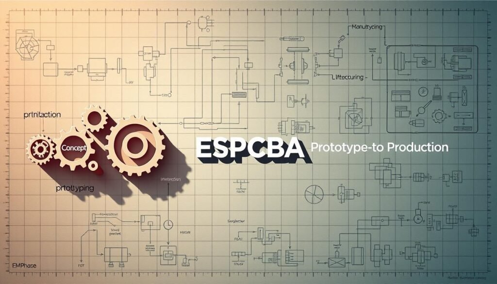 A stylized blueprint-like diagram showcasing the key phases in the prototype-to-production journey. In the foreground, a series of interconnected gears and cogs representing the iterative design process, with labels like "Concept", "Prototyping", "Optimization", and "Manufacturing". In the middle ground, a three-dimensional ESPCBA logo serves as the focal point, casting dynamic shadows that add depth and dimension. The background features a grid-like pattern of technical diagrams, schematic drawings, and engineering schematics, creating a sense of technical sophistication. The overall mood is one of precision, progress, and the seamless transition from prototype to production-ready design.