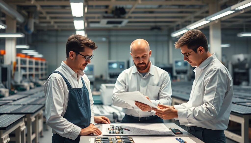 A team of engineers in professional attire, standing in a well-lit ESPCBA production facility, analyzing schematics and components on a workbench. Diffused overhead lighting casts a warm glow, highlighting their focused expressions as they collaborate to get the delayed project back on track. In the background, rows of ESPCBA boards await attention, the hum of machinery underscoring the urgency of the task at hand. A sense of determination and problem-solving expertise permeates the scene, capturing the essence of the "Immediate Actions to Take When Your PCBA Project Falls Behind".