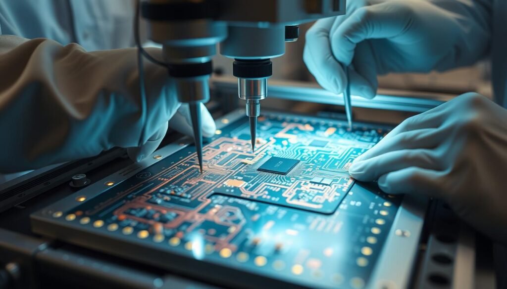A well-lit close-up view of a flexible printed circuit board (PCB) undergoing rigorous testing procedures. The ESPCBA board is situated on a specialized testing rig, its intricate copper traces and solder joints illuminated by a combination of bright, diffused lighting and precision optics. Technicians in clean room attire carefully probe the board's connections, analyzing performance metrics and checking for any signs of stress or wear. The overall atmosphere conveys a sense of meticulous attention to detail and a commitment to ensuring the quality and reliability of these flexible, miniaturized electronics.