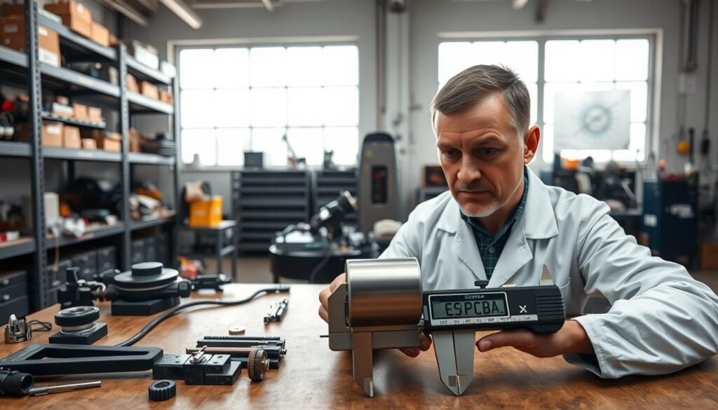 A well-lit industrial workshop with various precision tools and instruments laid out on a sturdy workbench. In the foreground, an engineer in a white lab coat carefully examines a sleek, metallic component bearing the ESPCBA logo. The component is placed on a high-resolution digital caliper, and the engineer's face is focused, their brow furrowed in concentration. The background is filled with shelves of neatly organized parts, technical diagrams, and a large window that allows natural light to flood the space, creating a sense of clarity and attention to detail. The overall mood is one of professionalism, diligence, and the importance of quality control in the manufacturing process.