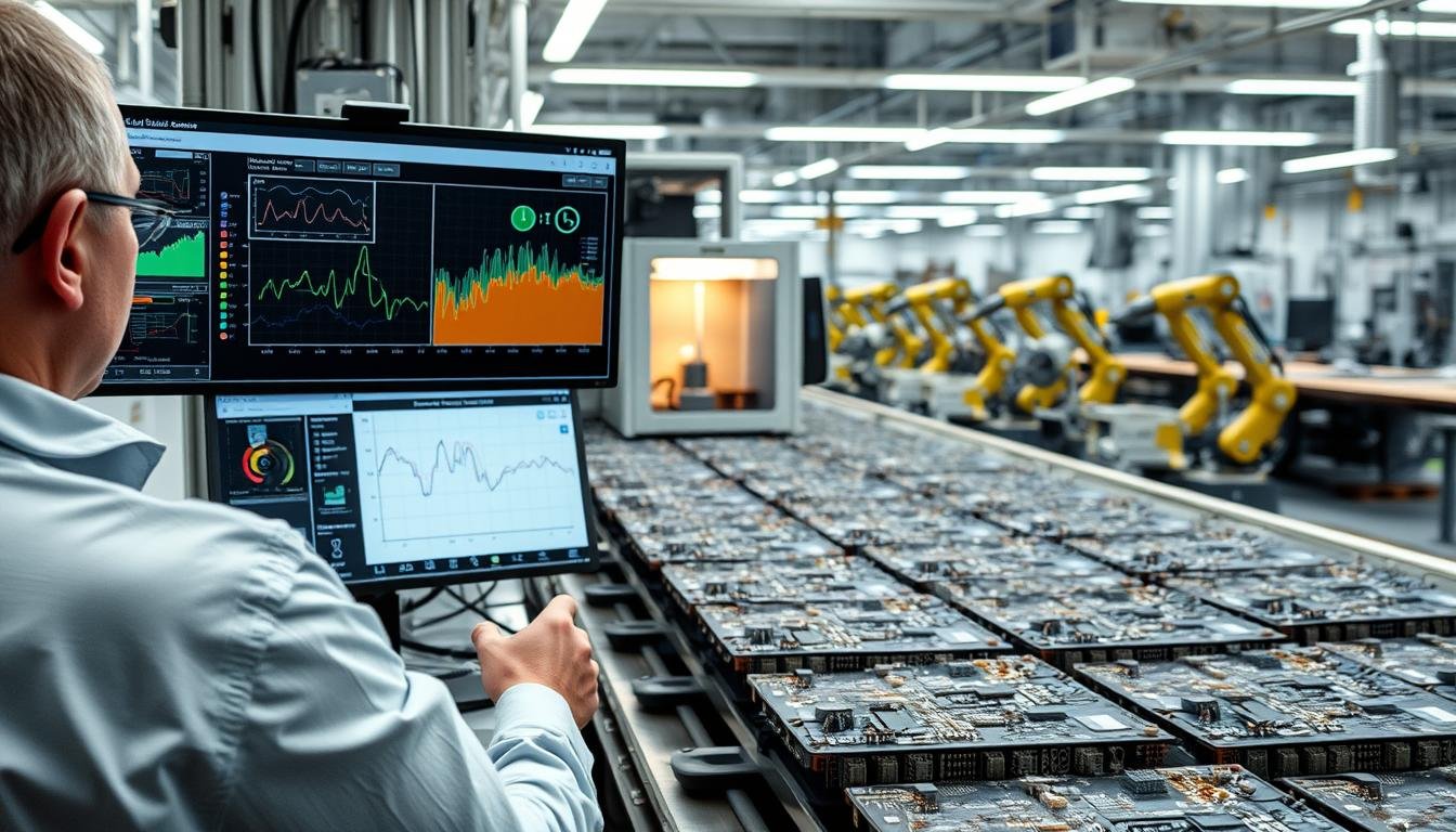 A well-lit, modern manufacturing facility with rows of ESPCBA circuit boards undergoing rigorous statistical process control. In the foreground, a technician carefully monitors a touchscreen dashboard displaying real-time data visualizations, charts, and process control limits. In the middle ground, automated testing equipment precisely measures component parameters. The background showcases the assembly line, with robotic arms deftly soldering and assembling the ESPCBA boards. An atmosphere of precision, control, and quality assurance pervades the scene.