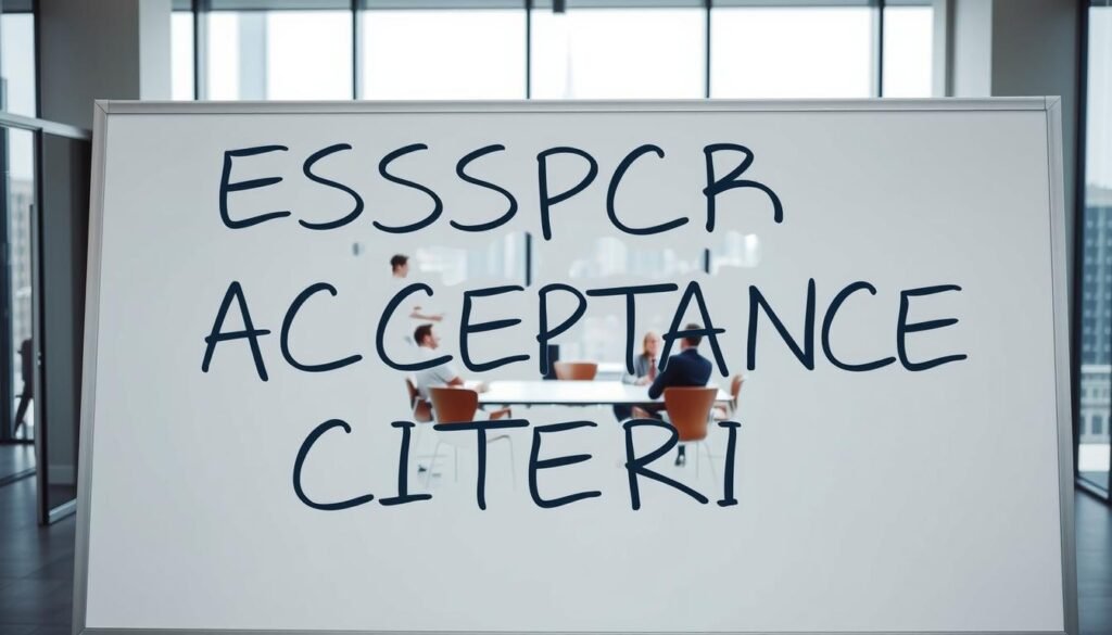 A well-lit office scene with a large whiteboard in the foreground, upon which the words "ESPCBA ACCEPTANCE CRITERIA" are written in bold, clean lettering. In the middle ground, a team of professionals in business attire are gathered around a conference table, engaged in a discussion. The background features floor-to-ceiling windows overlooking a cityscape, creating a sense of professionalism and productivity. The lighting is soft and natural, highlighting the details of the scene and conveying a mood of collaboration and attention to detail.